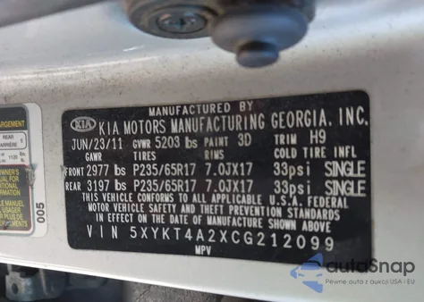 2012 Kia Sorento Lx V6 из США, поврежденный, VIN 5XYKT4A2XCG212099